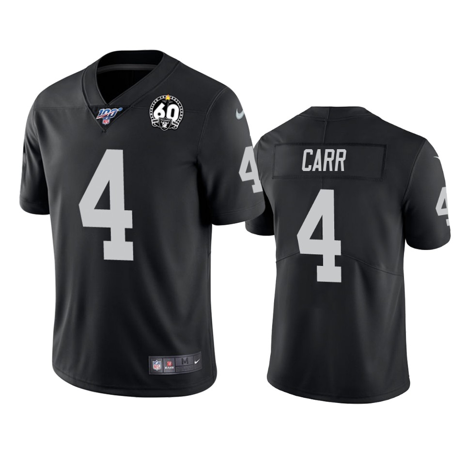 Men's Oakland Raiders #4 Derek Carr Black 100th Season With 60 Patch Vapor Limited Stitched NFL Jersey